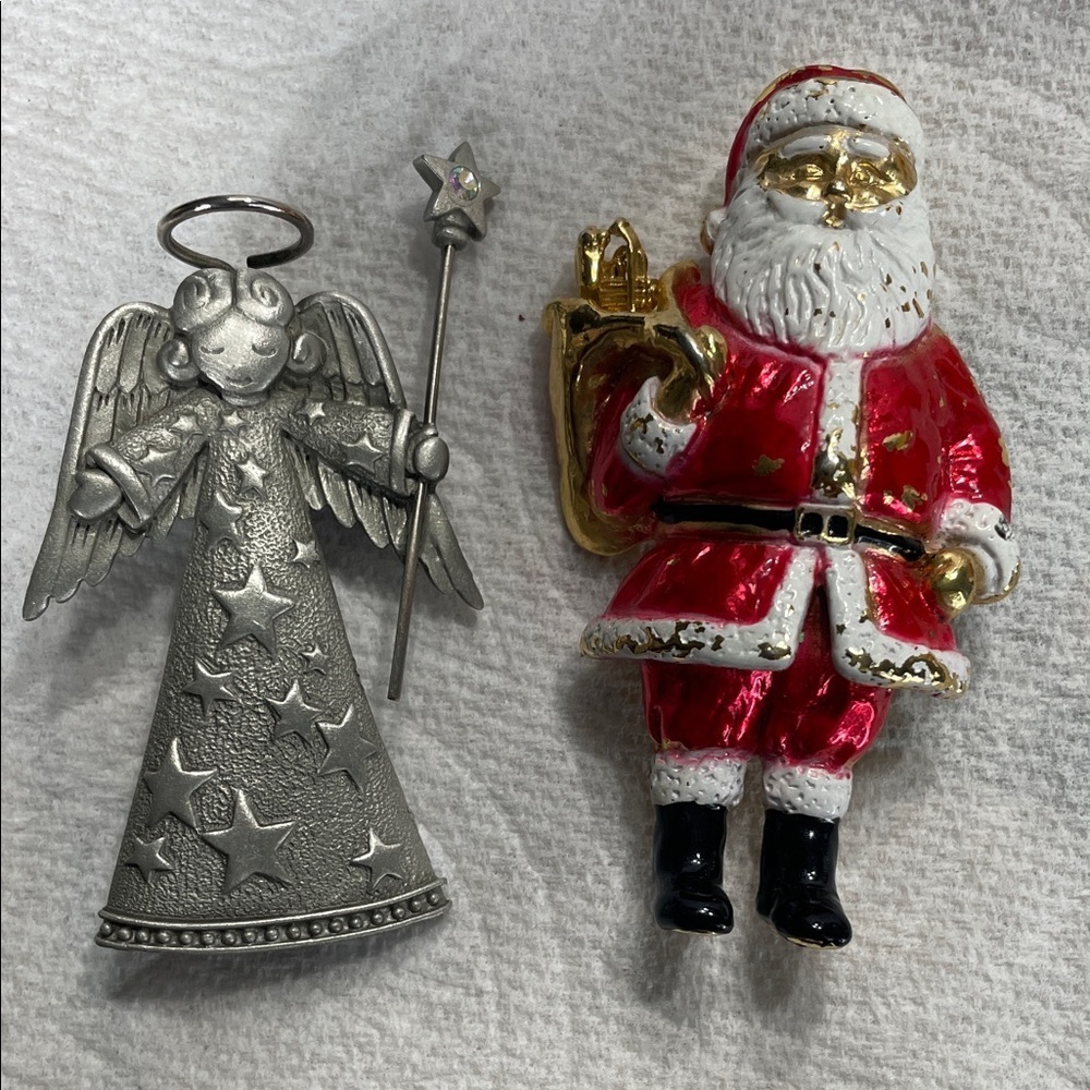 Silver Angel and Red Santa Holiday brooches